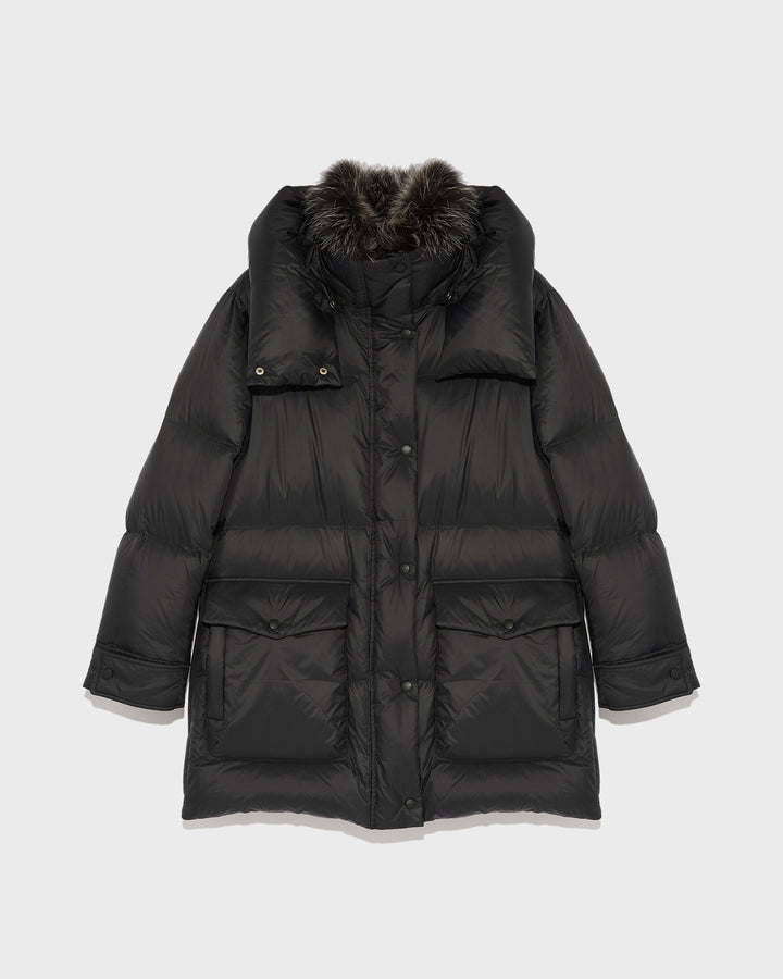 Black Friday - -3/4 down jacket in water-repellent technical fabric with fox fur collar trim