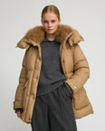 3/4 hooded down jacket in Tibetan lambswool