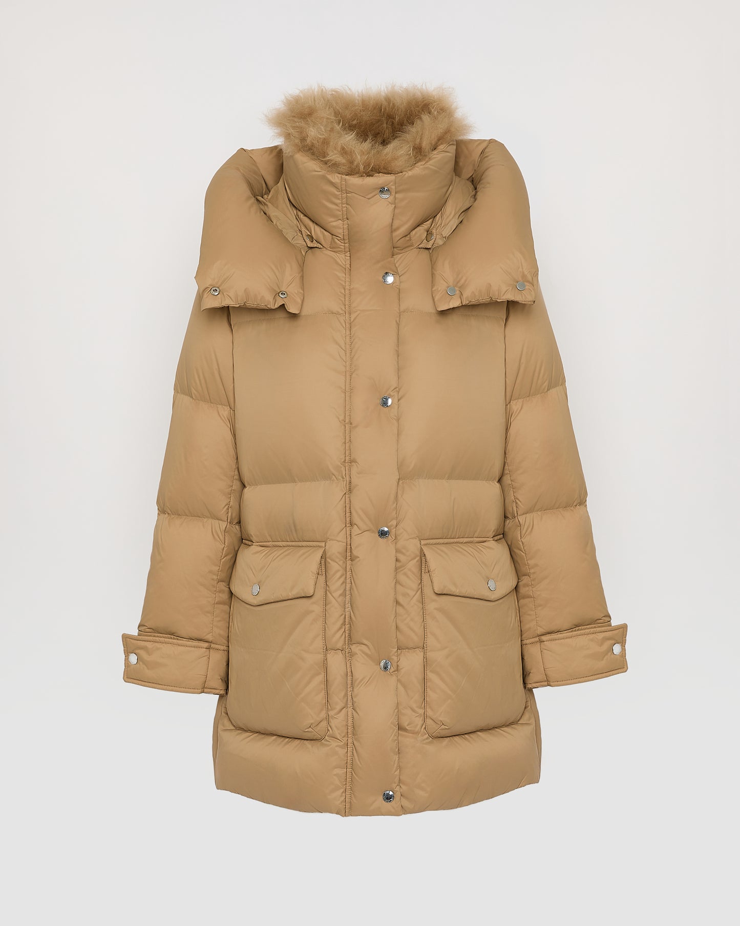 3/4 hooded down jacket in Tibetan lambswool