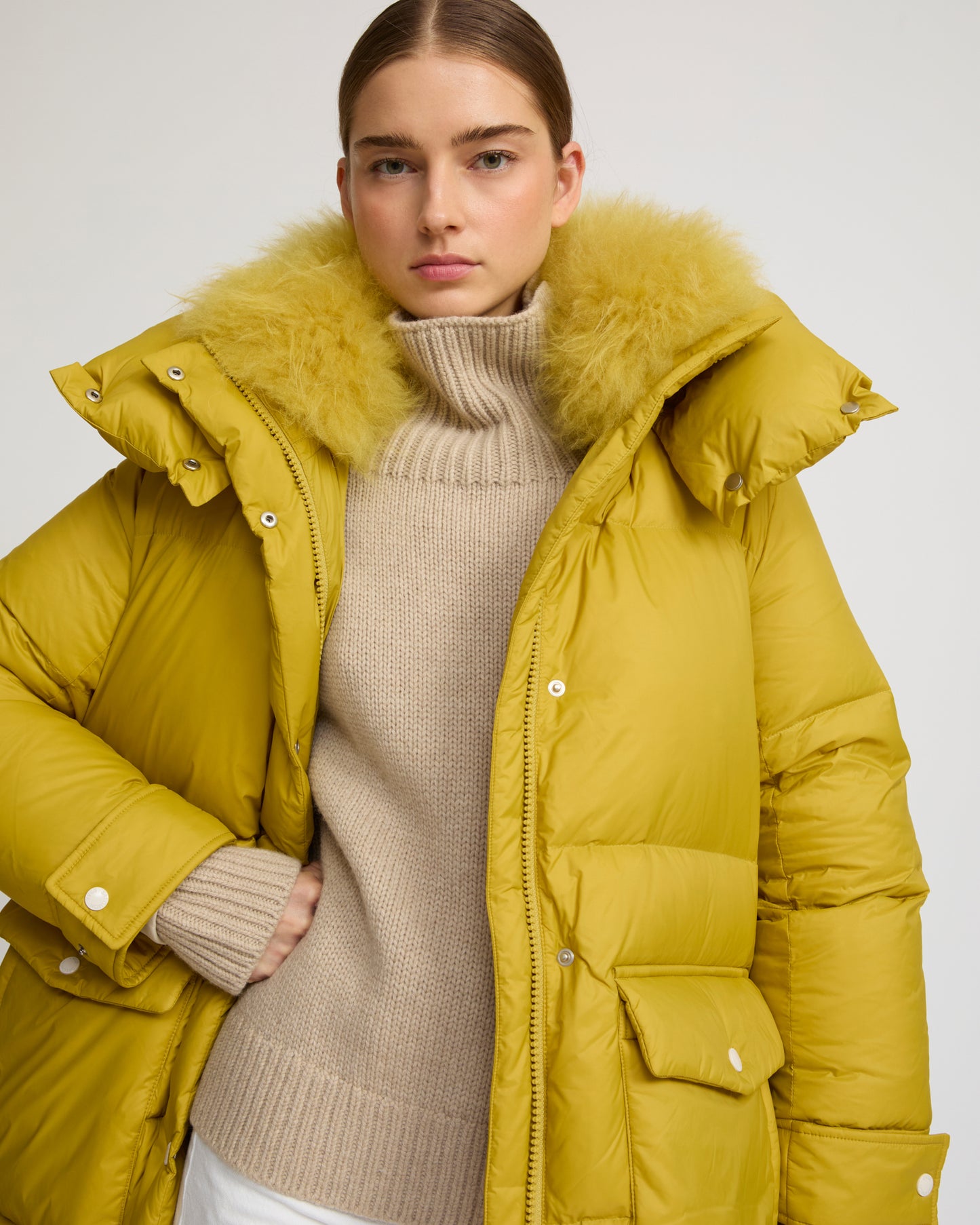 3/4 hooded down jacket in Tibetan lambswool