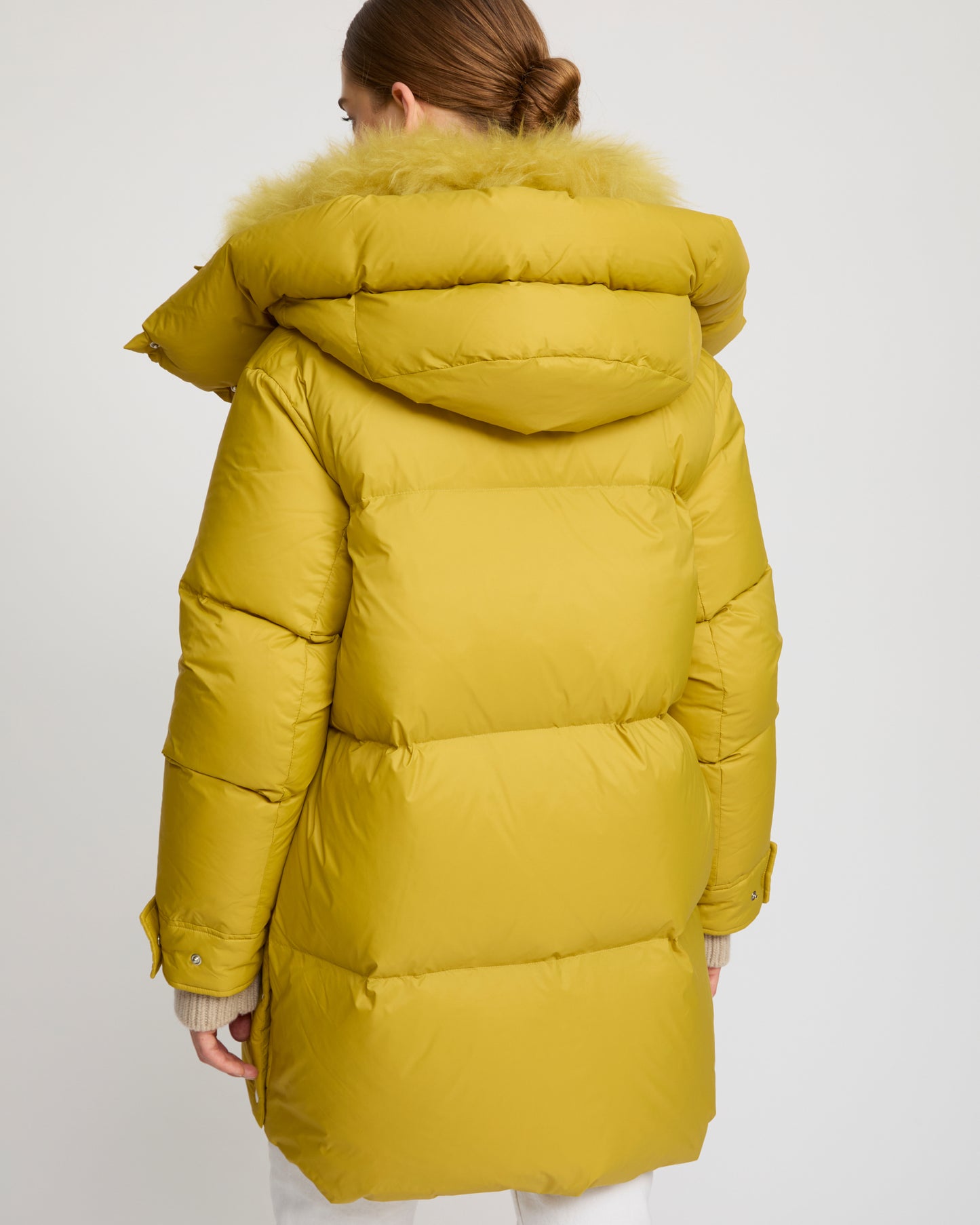 3/4 hooded down jacket in Tibetan lambswool