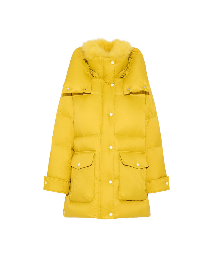 3/4 hooded down jacket in Tibetan lambswool