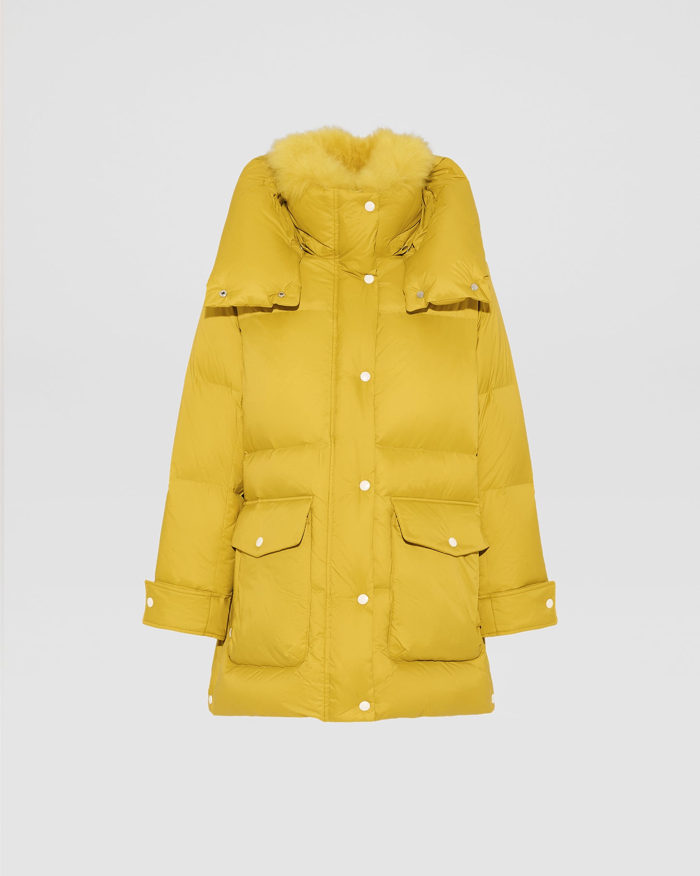 3/4 hooded down jacket in Tibetan lambswool