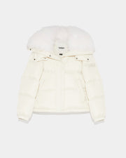 Down jacket in water-repellent technical fabric with collar trim in fluffy lambswool