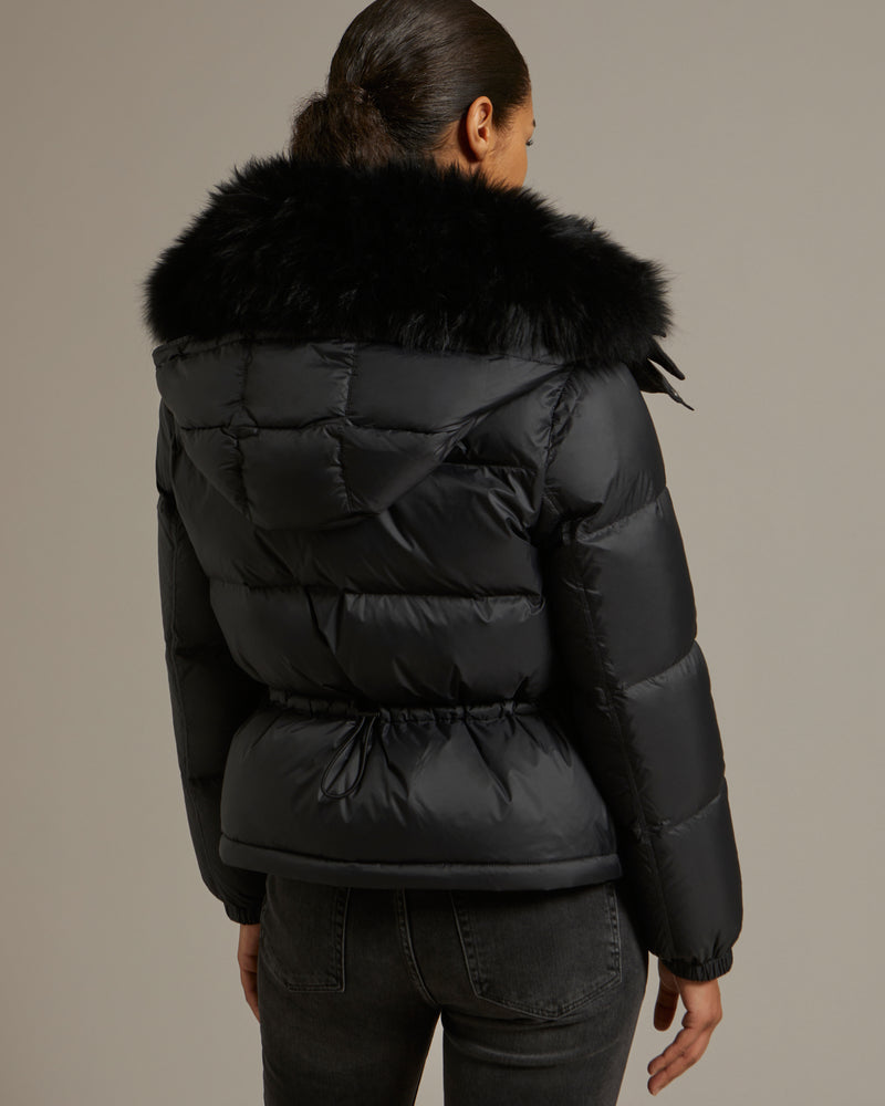 Down jacket in water-repellent technical fabric with collar trim in fluffy lambswool