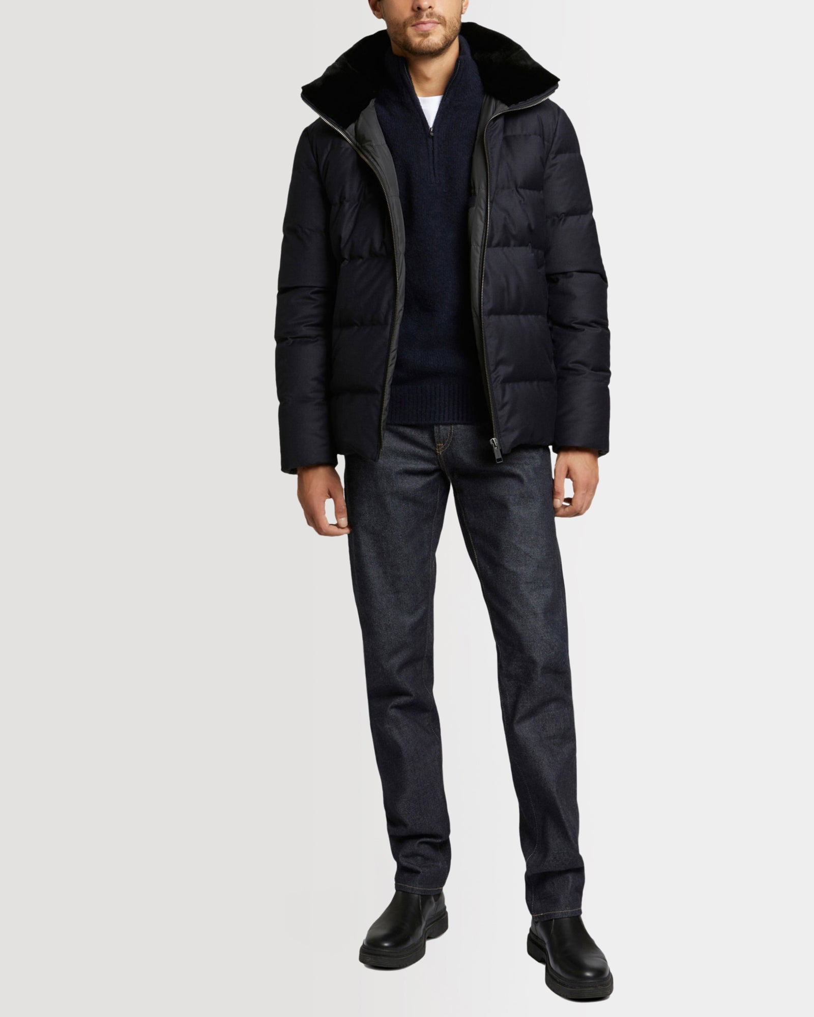 Winter sale & boxing day  -Short down jacket in Loro Piana fabric with dehaired mink fur inside collar