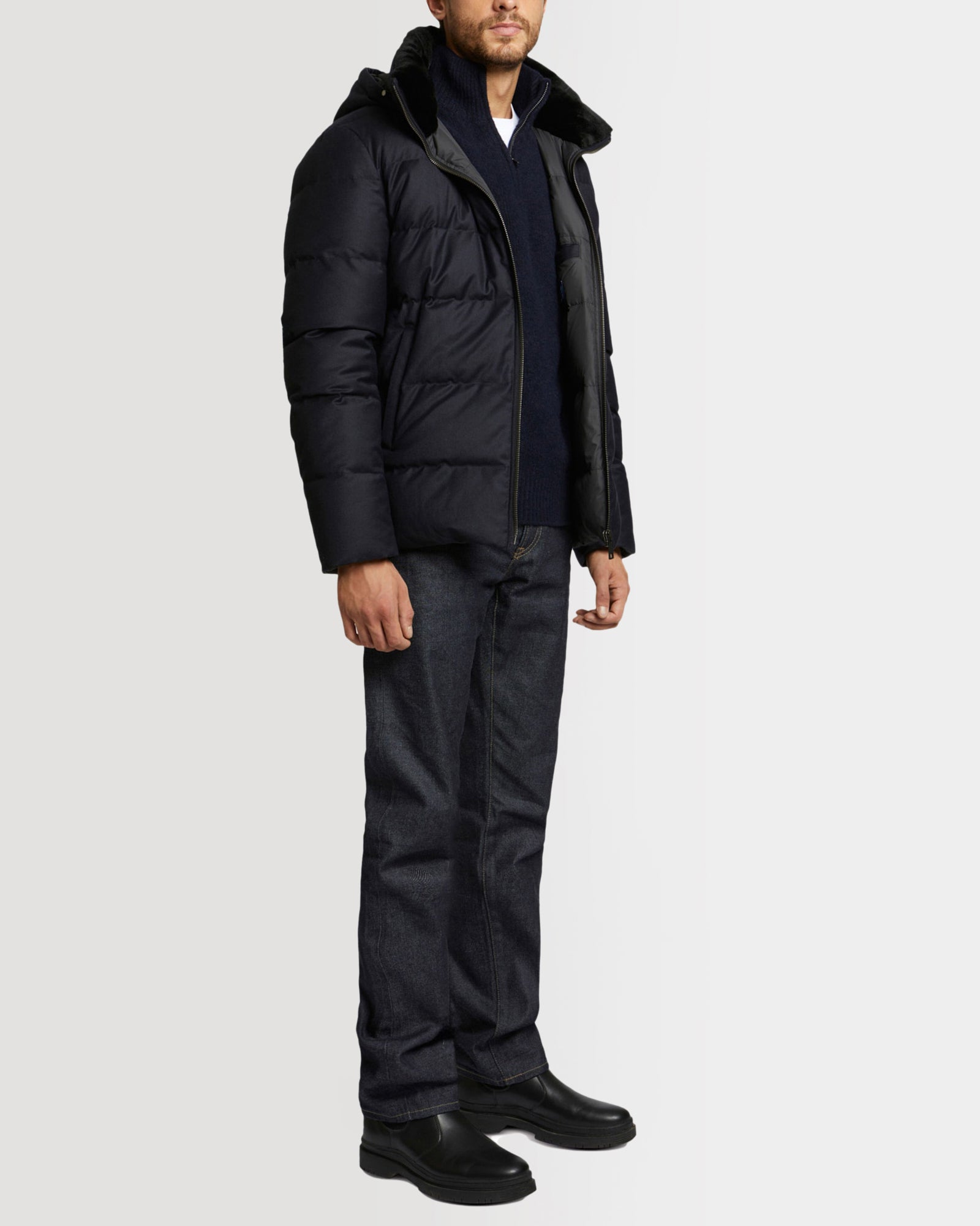 Winter sale & boxing day  -Short down jacket in Loro Piana fabric with dehaired mink fur inside collar