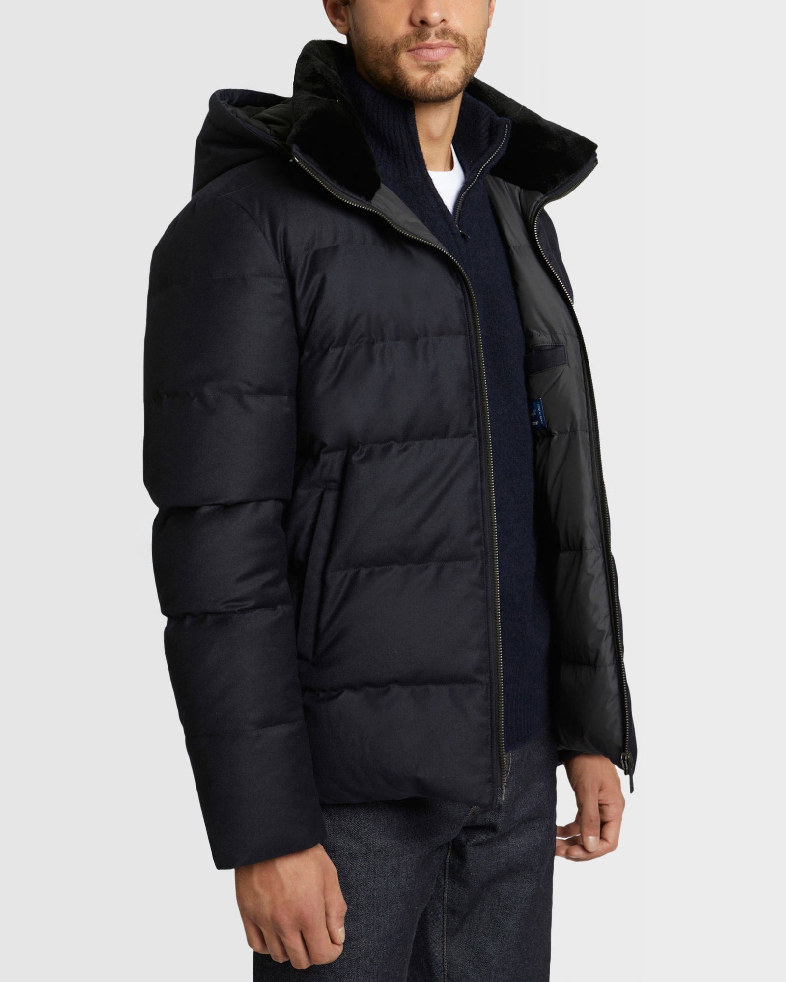 Winter sale & boxing day  -Short down jacket in Loro Piana fabric with dehaired mink fur inside collar