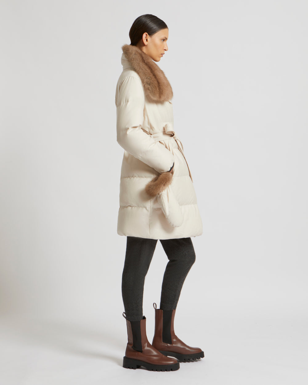 Belted down jacket in waterproof flannel fabric with sable collar