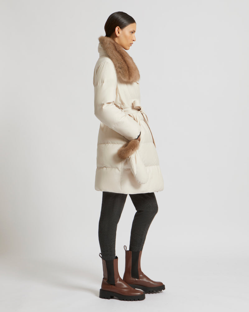 Belted down jacket in waterproof flannel fabric with sable collar