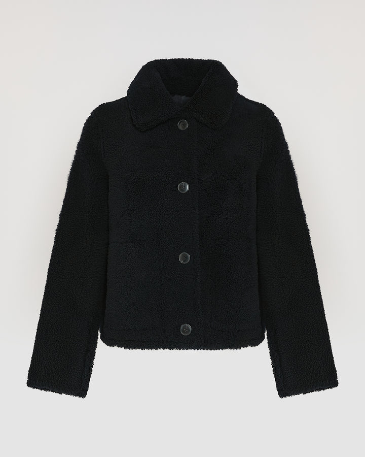 Black Friday - Yves Salomon - Short butonned jacket in Merino lambskin - bluish black - front view