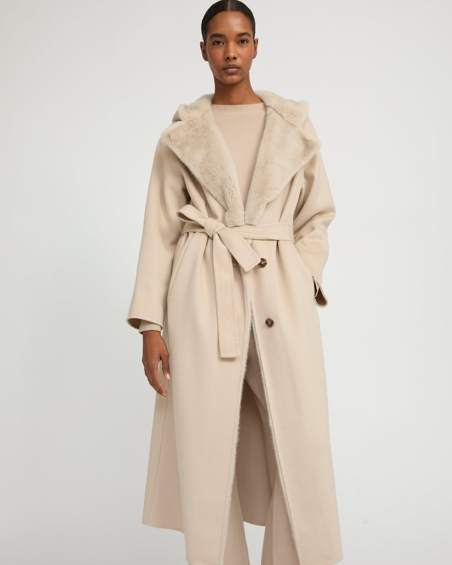 Long coat in cashmere wool with mink fur hood -Yves Salomon