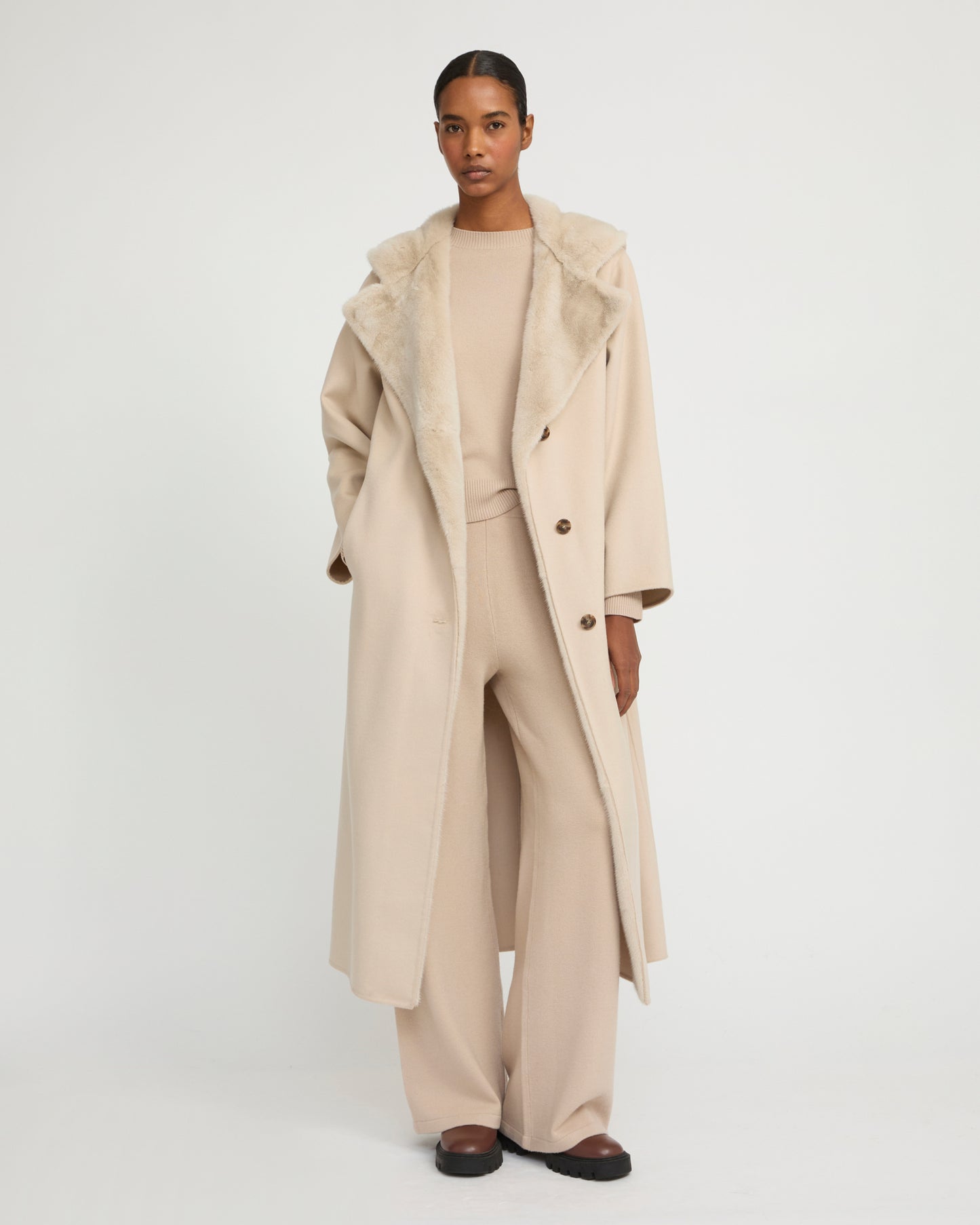 Long coat in cashmere wool with mink fur hood -Yves Salomon