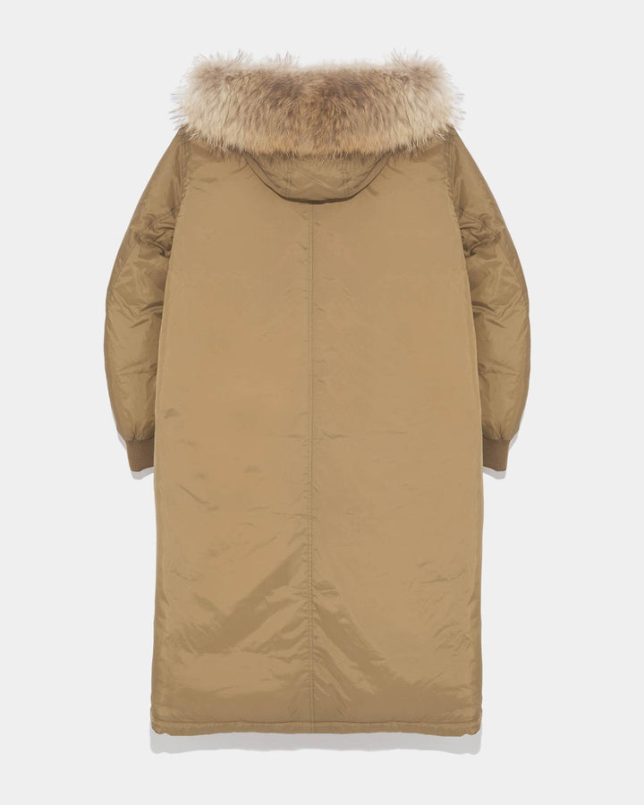Long hooded down jacket with marmot fur