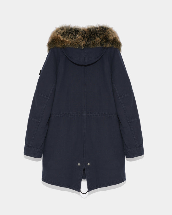 Long hooded cotton down parka with fox fur