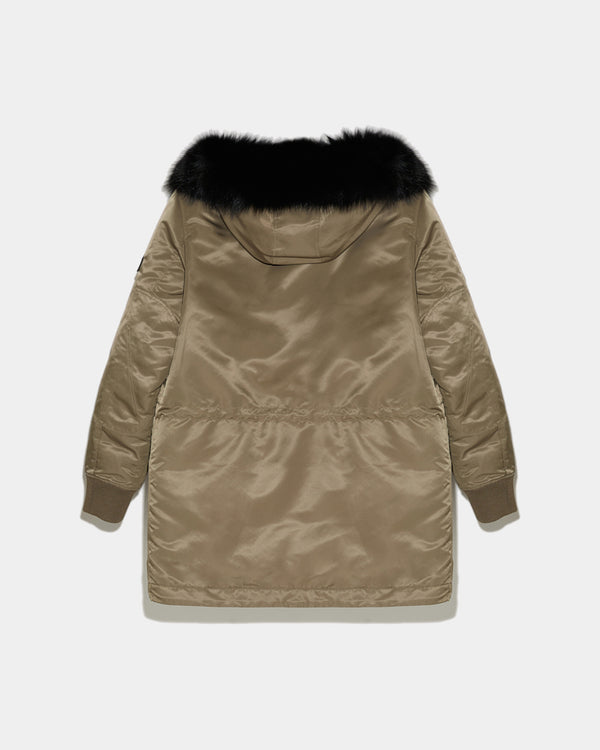 Hooded down jacket in technical fabric with fox fur