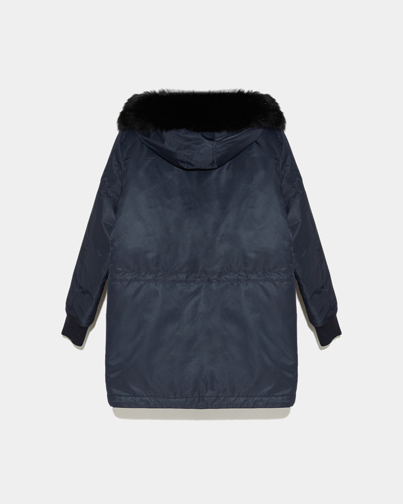 Hooded down jacket in technical fabric with fox fur