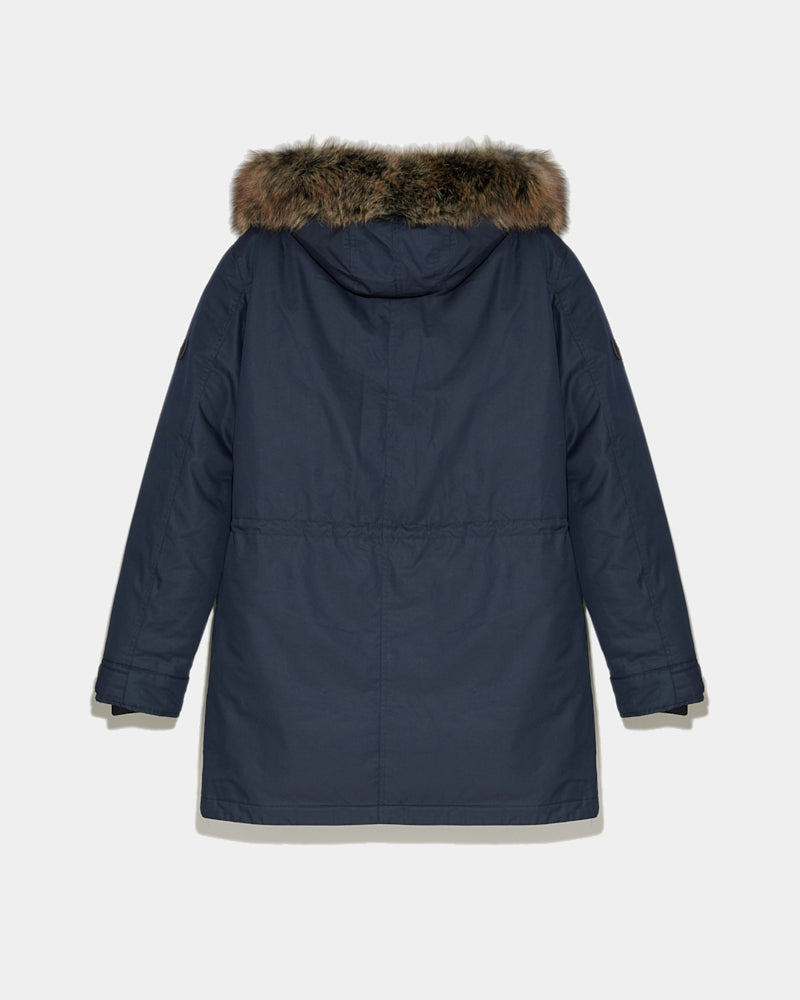 Hooded down jacket with fox fur