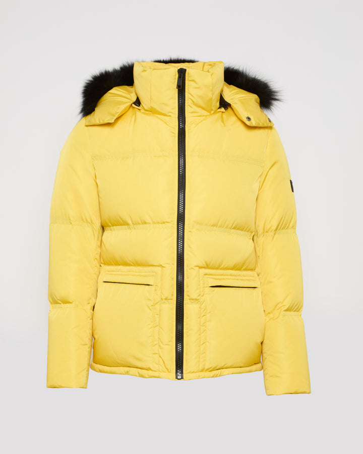 Black Friday 2025- Gabardine down jacket with hood and fox fur