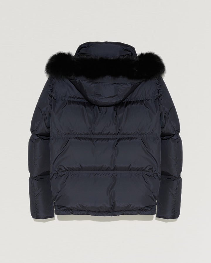 Black Friday 2025- Hooded down jacket in technical gabardine with fox fur-Yves Salomon-Winter sale & boxing day
