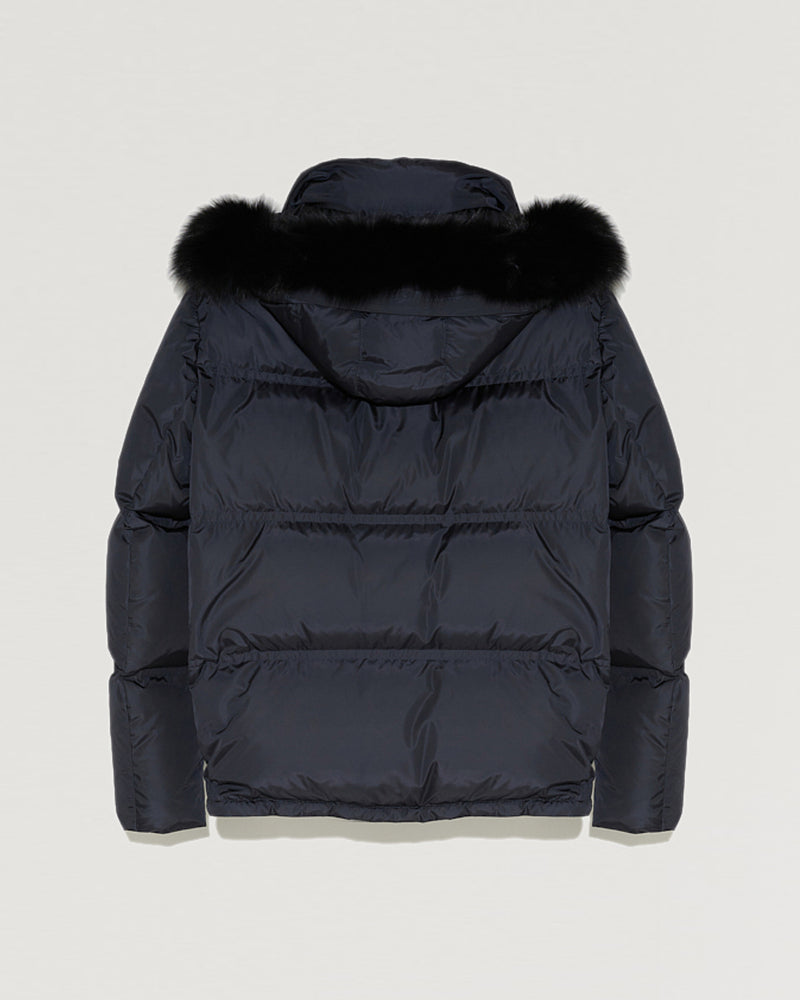 Hooded down jacket in technical gabardine with fox fur-Yves Salomon-Winter sale & boxing day