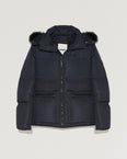 Hooded down jacket in technical gabardine with fox fur
