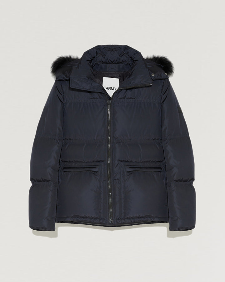 Black Friday 2025- Hooded down jacket in technical gabardine with fox fur-Yves Salomon-Winter sale & boxing day