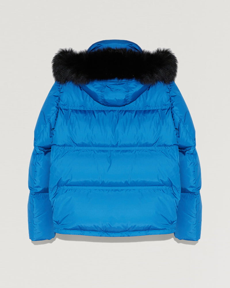 Hooded down jacket in technical gabardine with fox fur-Yves Salomon-Winter sale & boxing day