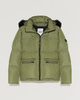Hooded down jacket in technical gabardine with fox fur