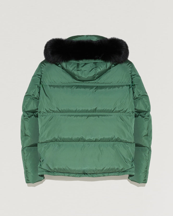 Black Friday 2025- Hooded down jacket in technical gabardine with fox fur-Yves Salomon-Winter sale & boxing day