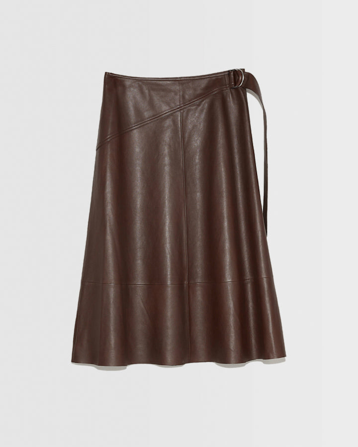 Belted leather midi skirt in lamb leather