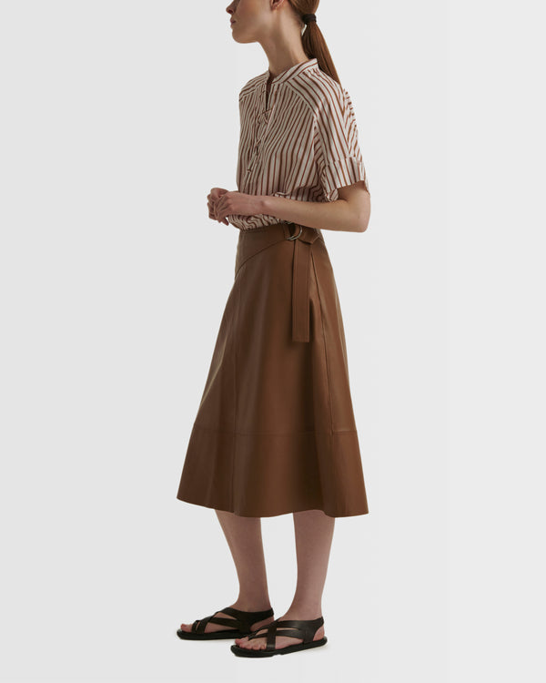 Belted leather midi skirt in lamb leather