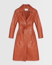 Long belted leather trench coat