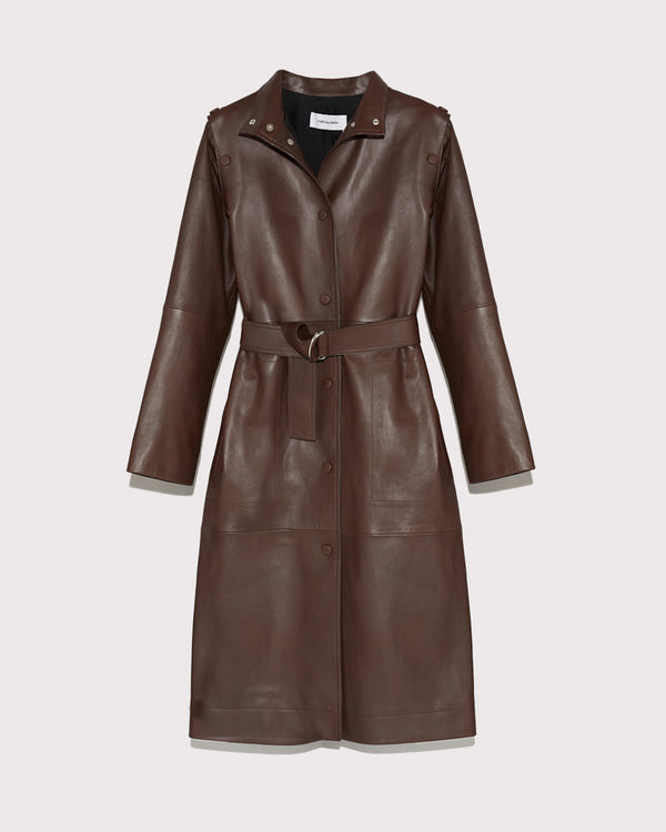 Long Belted leather coat brown - Yves Salomon