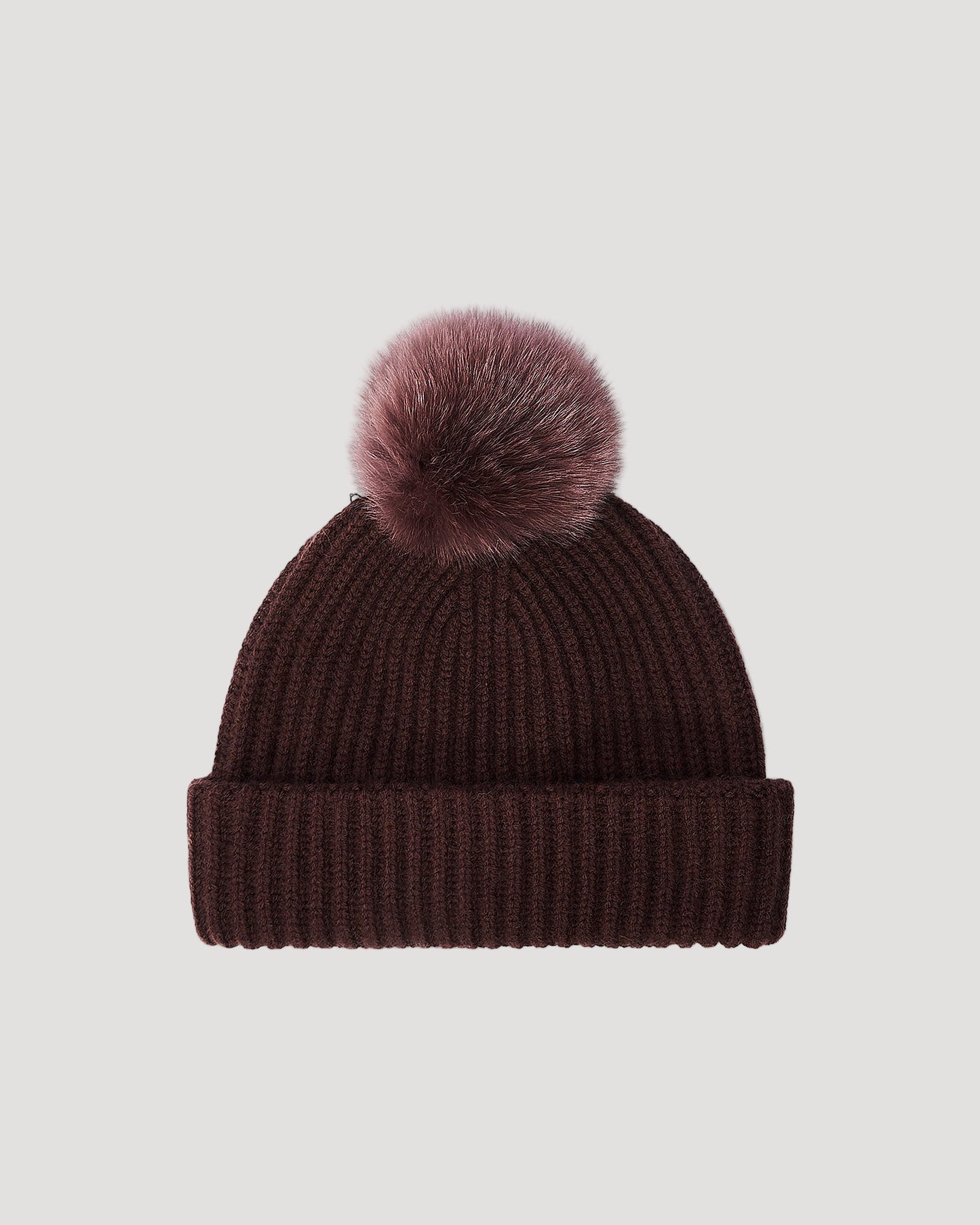 100% cashmere knit beanie with fox fur pompom