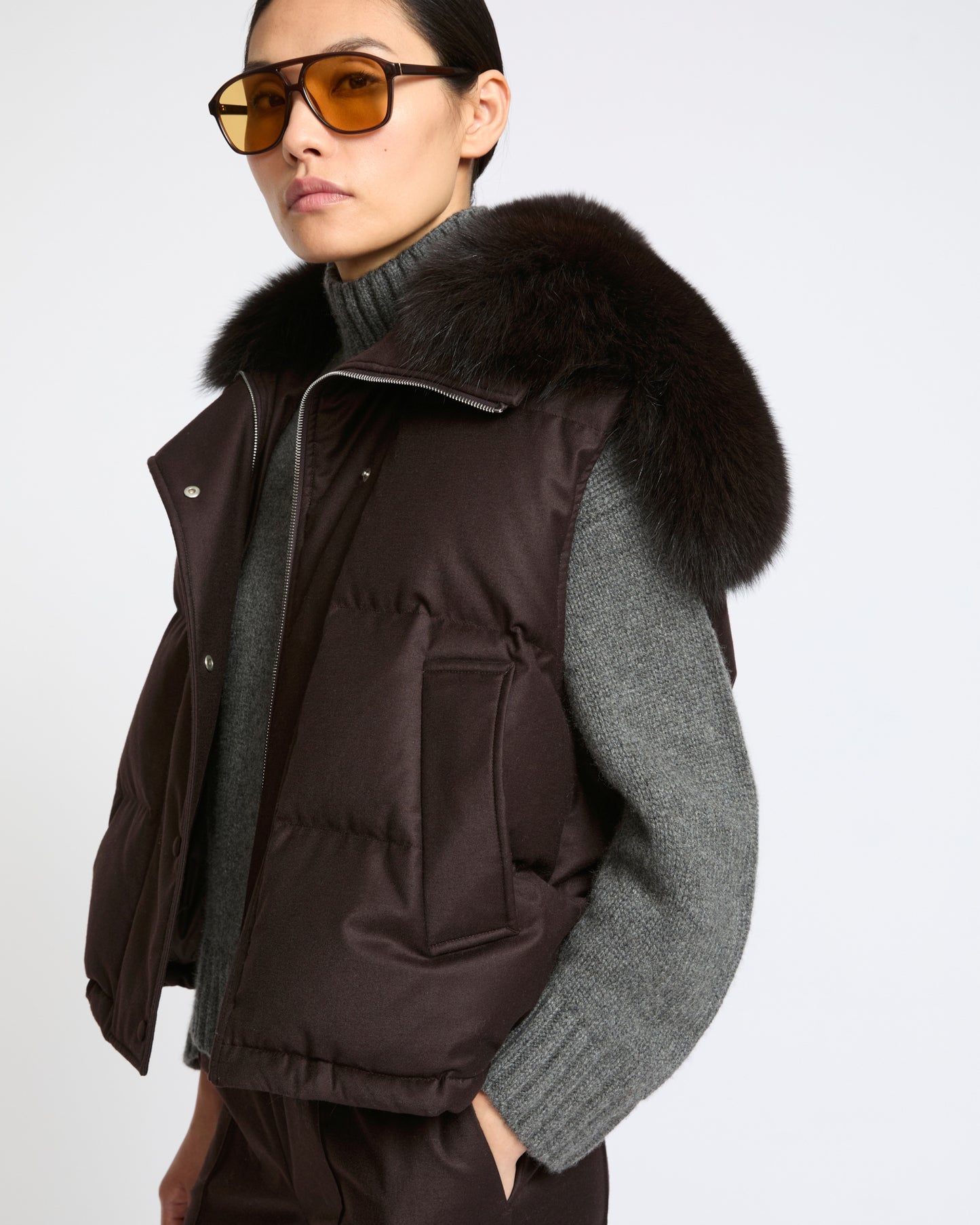 Flannel gilet with fox fur collar - Yves Salomon - New Fall Winter Collection