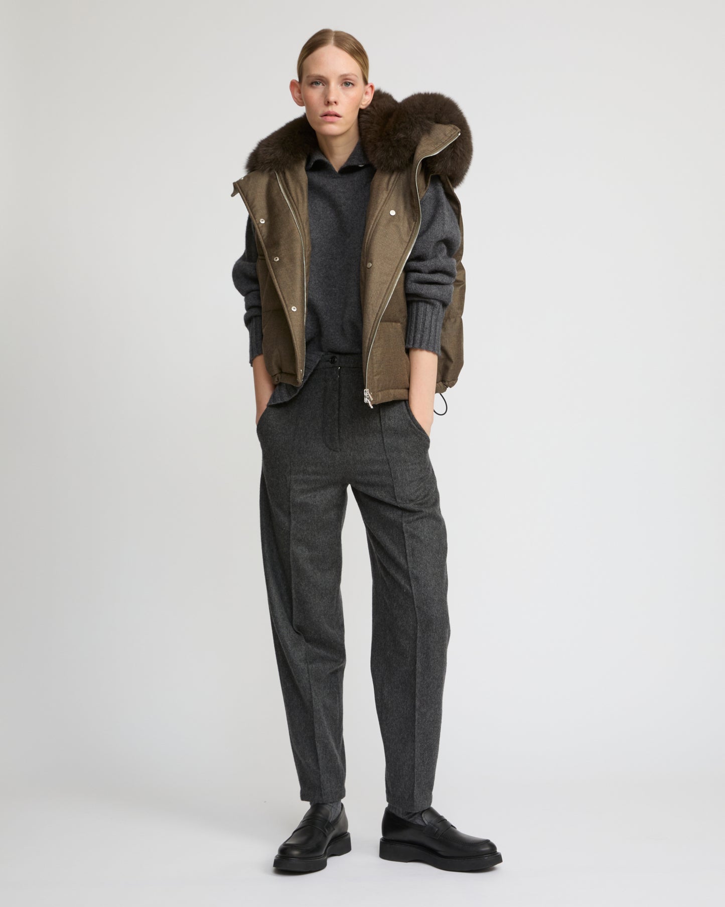 Flannel gilet with fox fur collar