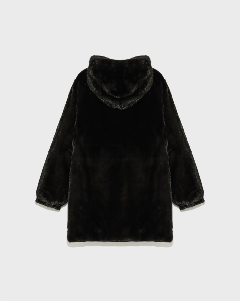 Reversible long parka in technical fabric and mink fur