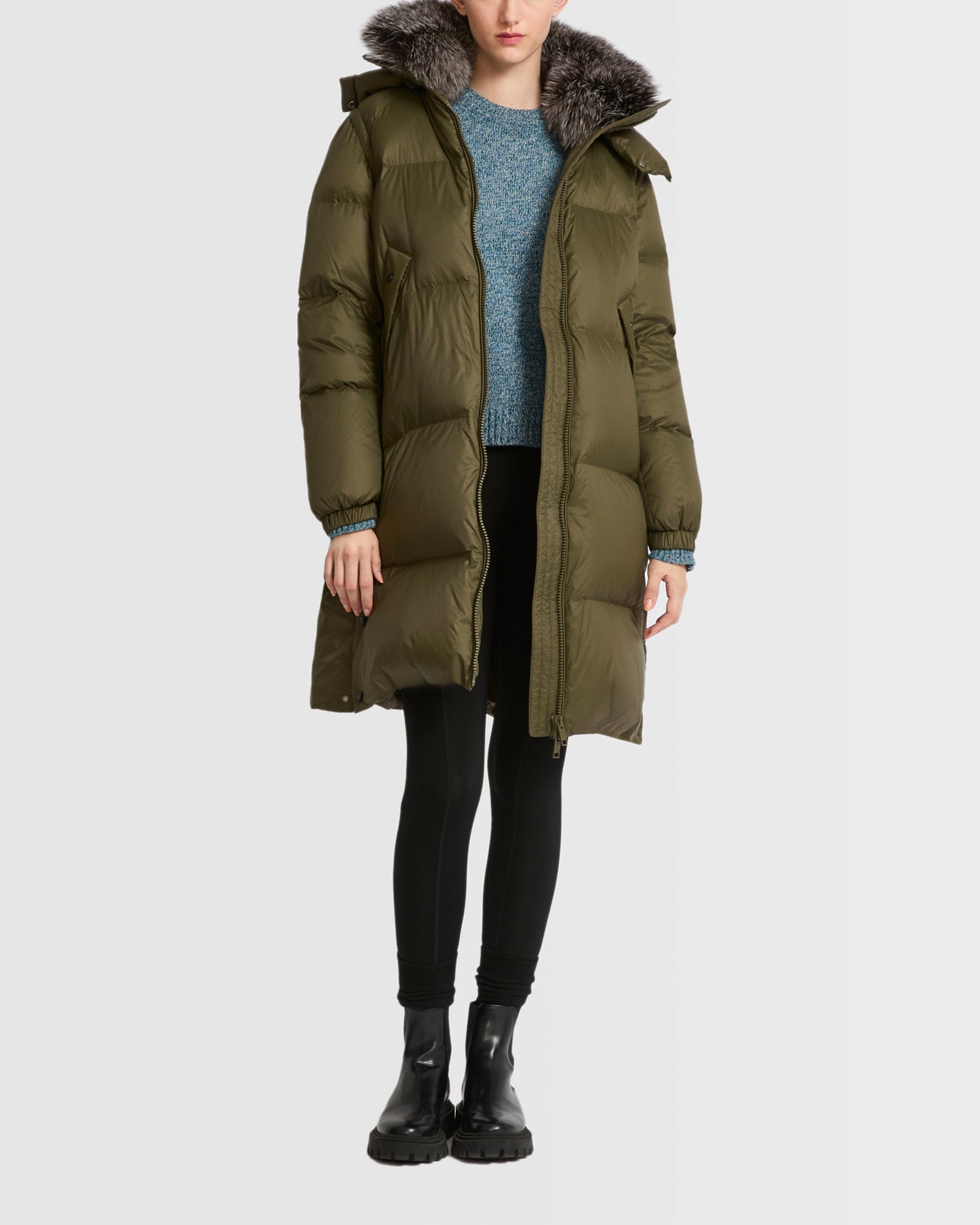 7/8 length down jacket with fox fur collar