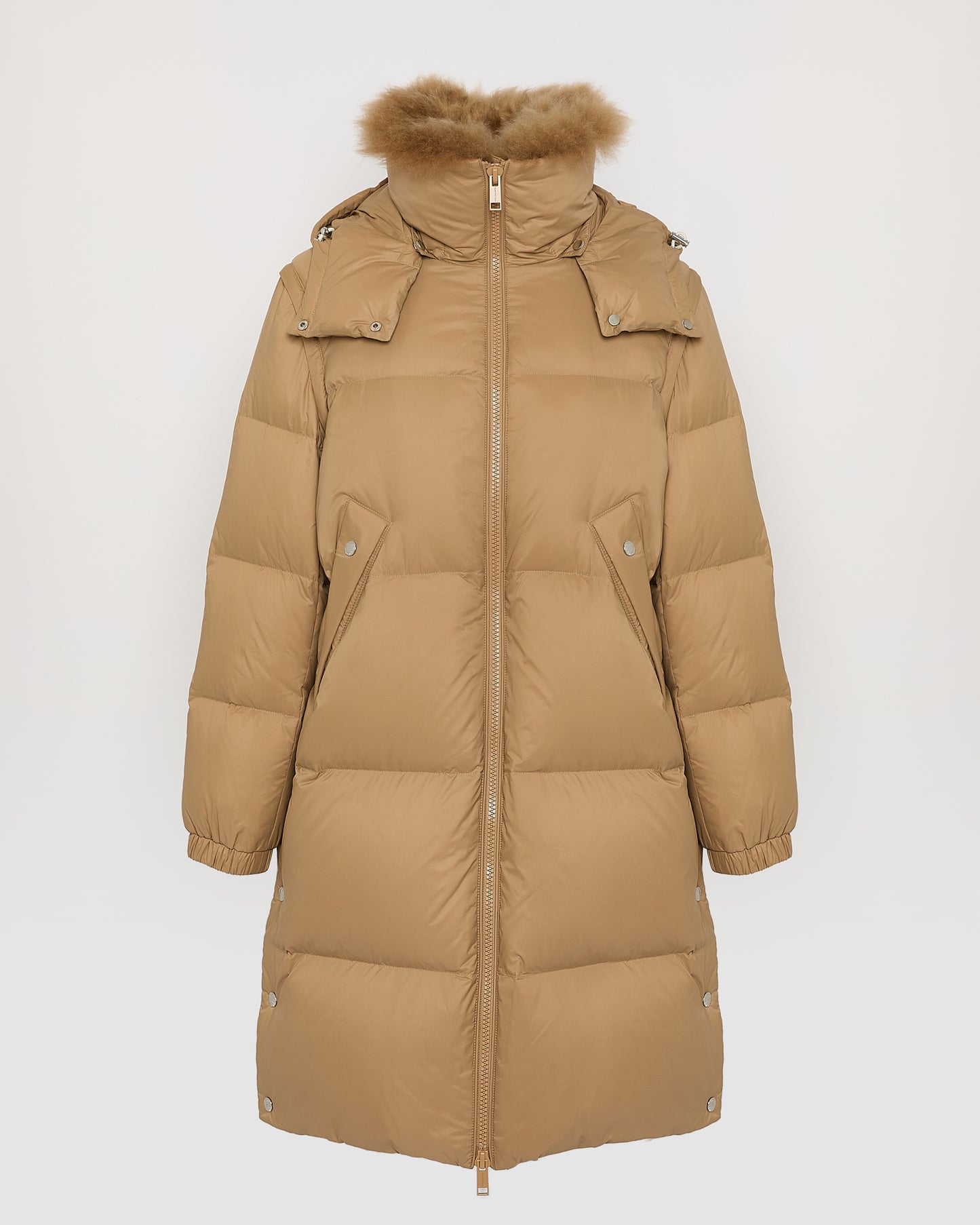 7/8 Long down jacket in water-repellent technical fabric with collar trim in fluffy lambswool