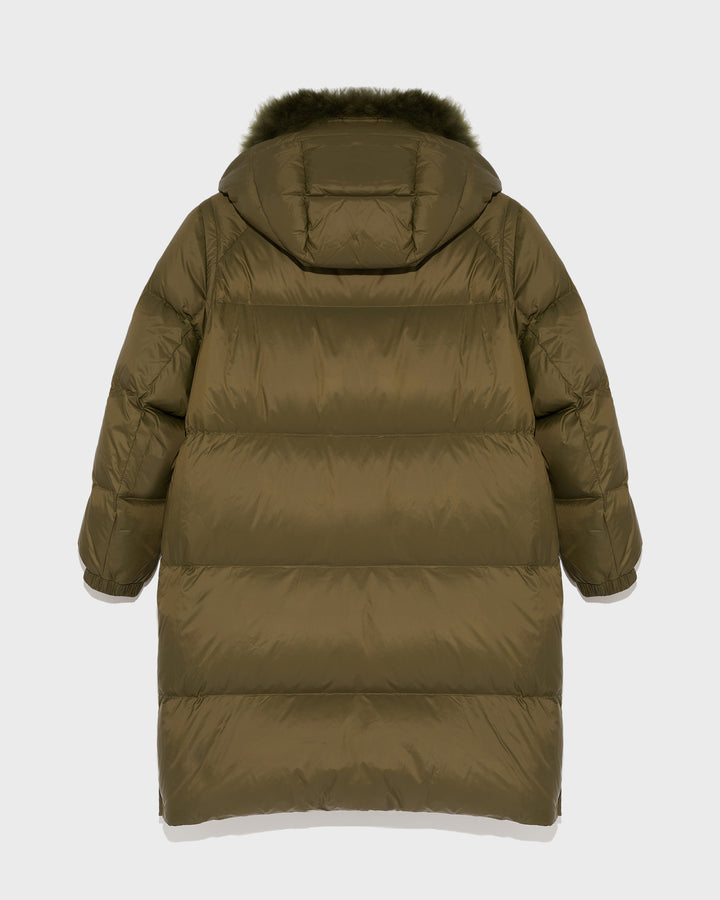 Long down jacket in water-repellent technical fabric with collar trim in fluffy lambswool - khaki green - Yves Salomon