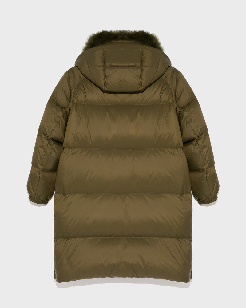 Long down jacket in water-repellent technical fabric with collar trim in fluffy lambswool - khaki green - Yves Salomon