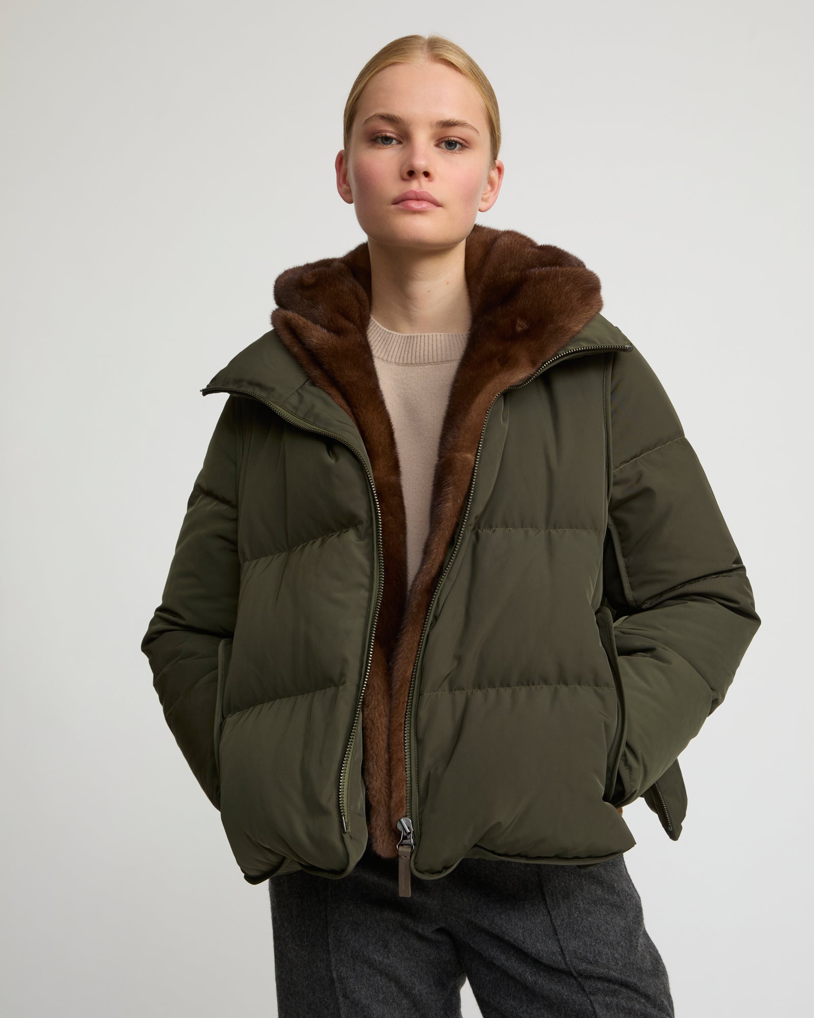 Iconic "A" line down jacke with mink fur hooded bib -Yves Salomon