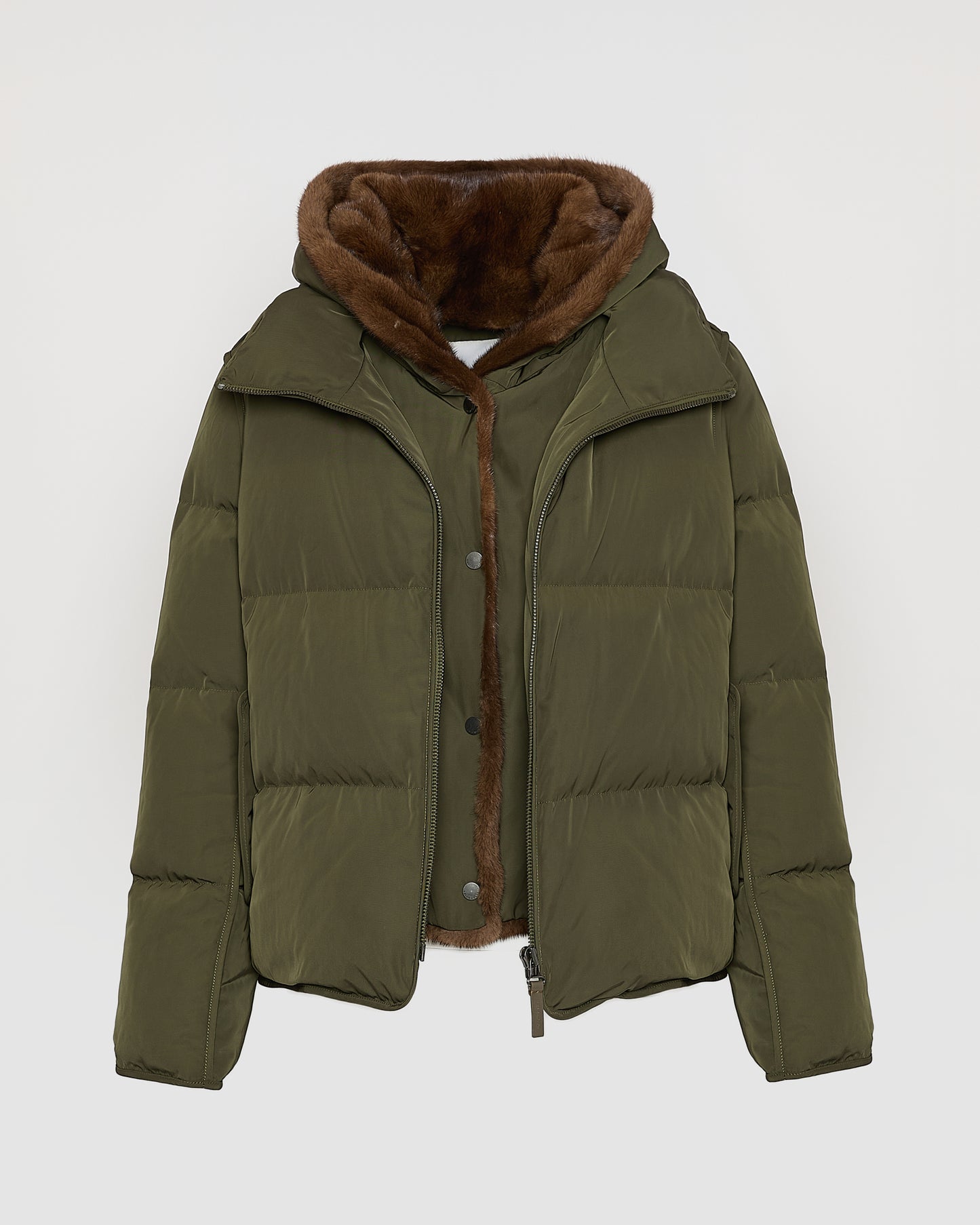 Iconic "A" line down jacke with mink fur hooded bib -Yves Salomon
