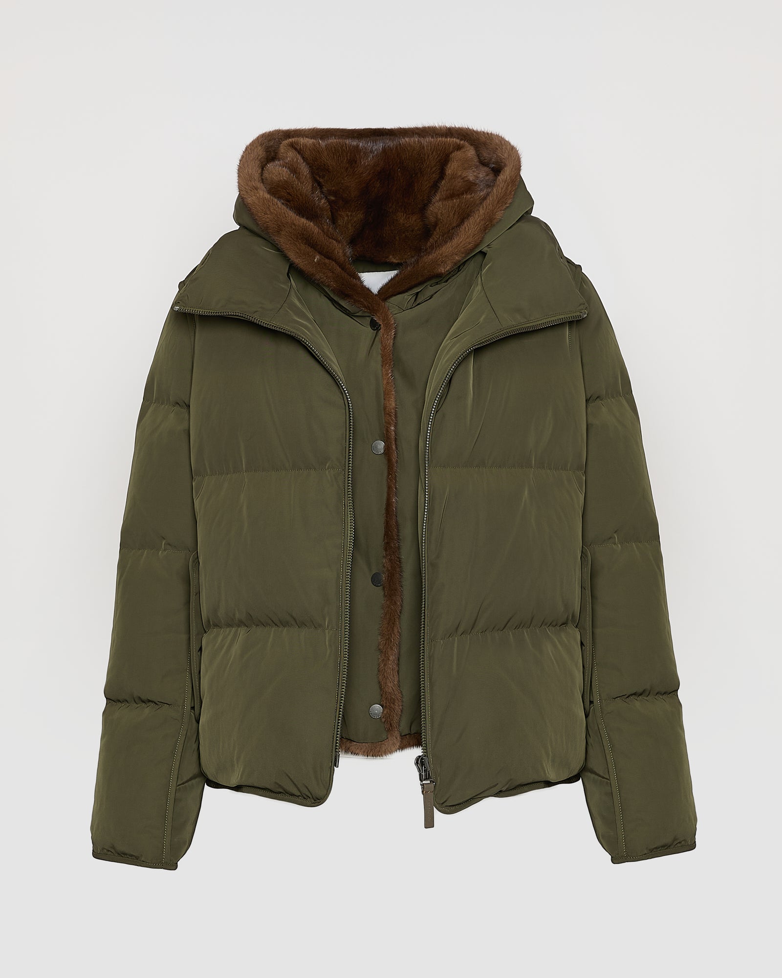 Iconic "A" line down jacke with mink fur hooded bib -Yves Salomon