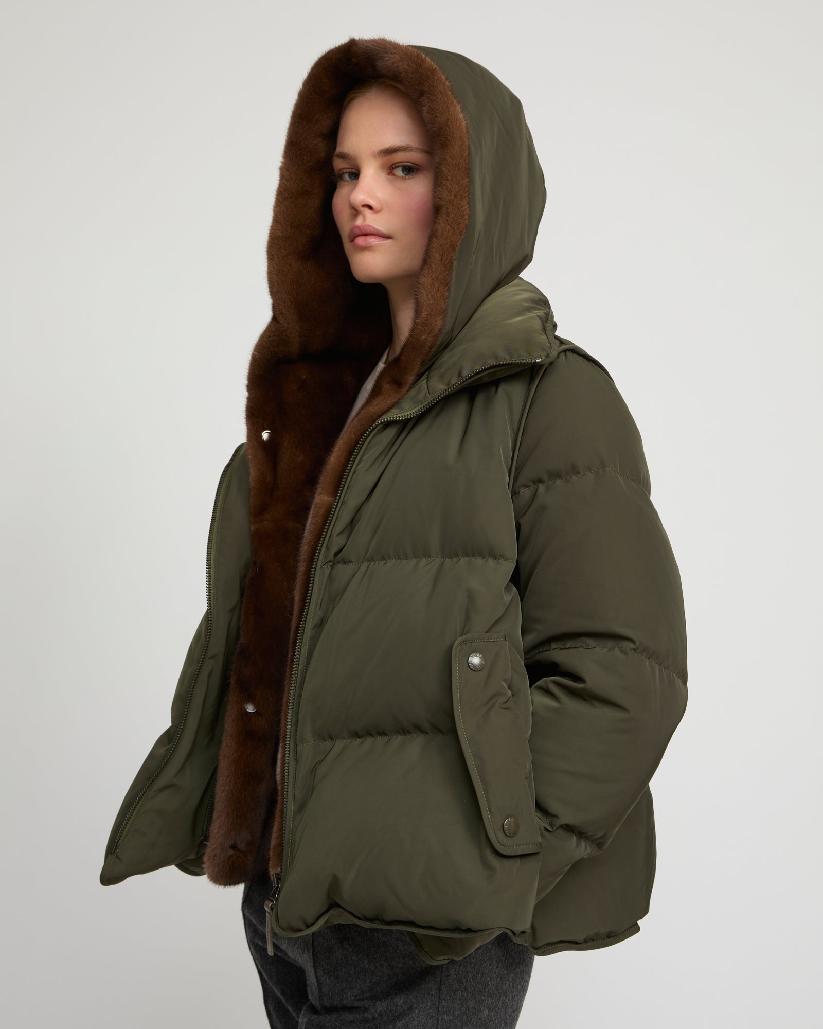 Iconic "A" line down jacke with mink fur hooded bib -Yves Salomon
