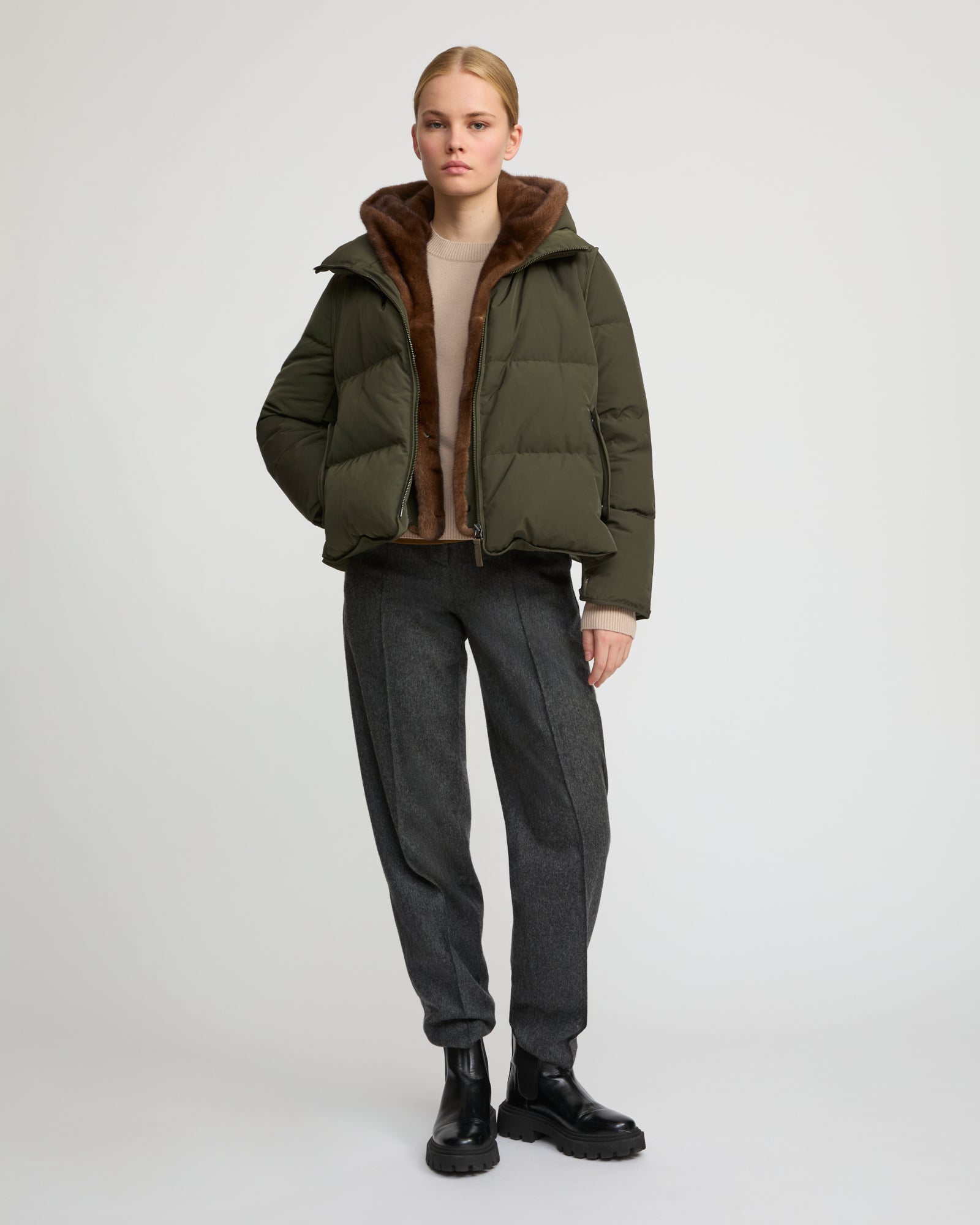 Iconic "A" line down jacke with mink fur hooded bib -Yves Salomon