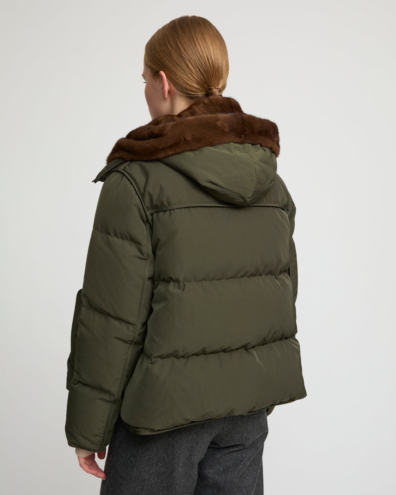 Iconic "A" line down jacke with mink fur hooded bib -Yves Salomon