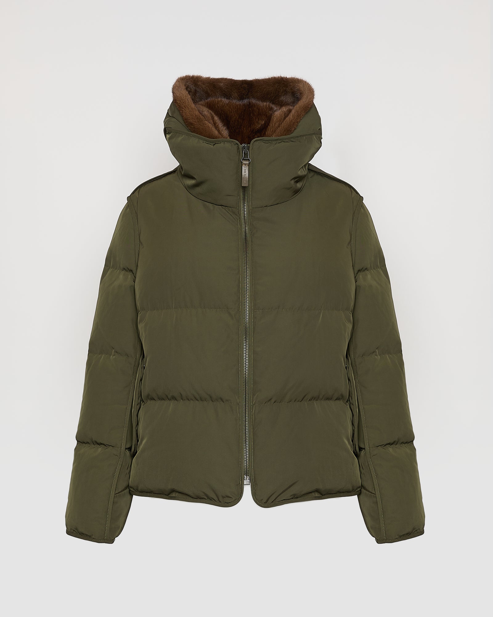 Iconic "A" line down jacke with mink fur hooded bib -Yves Salomon