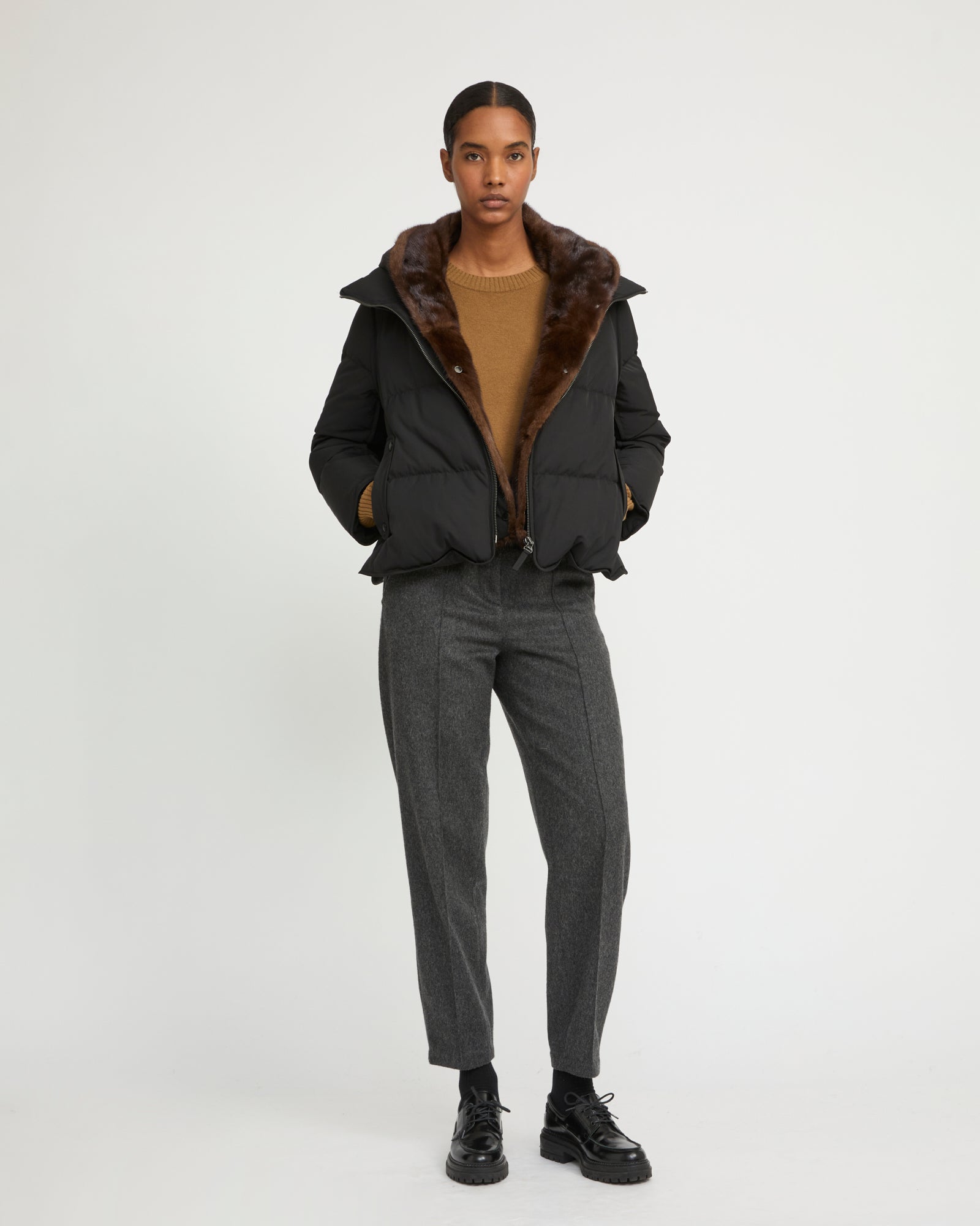 Iconic "A" line down jacke with mink fur hooded bib -Yves Salomon